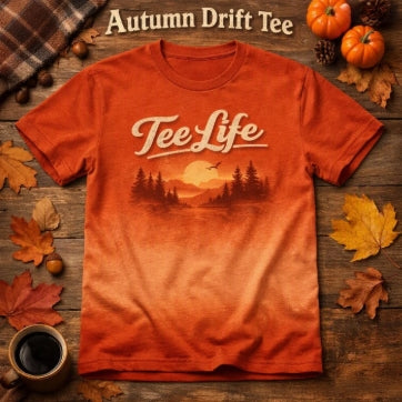Tee Life Autumn Drift Tee - orange t-shirt with fall forest lake landscape and Tee Life script