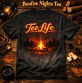 Tee Life Bonfire Nights Tee - dark t-shirt with glowing campfire and Tee Life script graphic