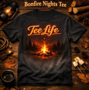 Tee Life Bonfire Nights Tee - dark t-shirt with glowing campfire and Tee Life script graphic
