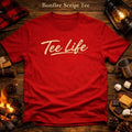 Tee Life Bonfire Script Tee - bold red t-shirt with cream Tee Life script logo