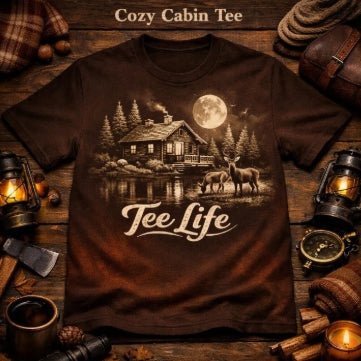Tee Life Cozy Cabin Tee - dark brown t-shirt with moonlit cabin deer and forest scene