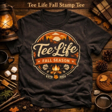 Tee Life Fall Stamp Tee - vintage fall campfire graphic on a dark t-shirt