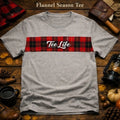 Tee Life Flannel Season Tee - heather gray t-shirt with red flannel plaid stripe and Tee Life script
