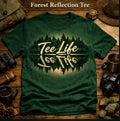Tee Life Forest Reflection Tee - deep green t-shirt with mirrored forest reflection and Tee Life script
