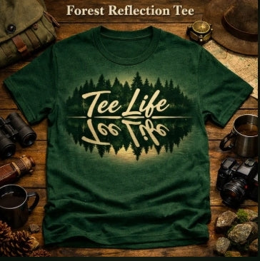 Tee Life Forest Reflection Tee - deep green t-shirt with mirrored forest reflection and Tee Life script