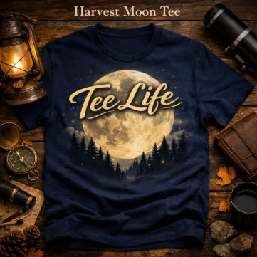 Tee Life Harvest Moon Tee - navy t-shirt with golden harvest moon and forest silhouette graphic