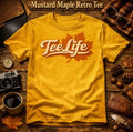 Tee Life Mustard Maple Retro Tee - mustard yellow t-shirt with retro Tee Life script and maple leaf graphic