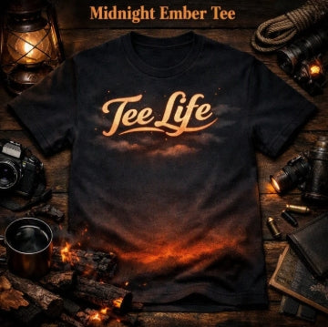 Tee Life Midnight Ember Tee - black t-shirt with dramatic ember sky and Tee Life script graphic