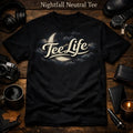 Tee Life Nightfall Neutral Tee - black t-shirt with crescent moon through clouds and Tee Life script