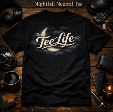 Tee Life Nightfall Neutral Tee - black t-shirt with crescent moon through clouds and Tee Life script