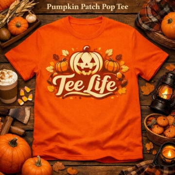 Tee Life Pumpkin Patch Pop Tee - orange t-shirt with jack-o-lantern pumpkins and fall leaves graphic