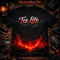 Tee Life Shadowflare Tee - black t-shirt with dramatic rising red and orange flame graphic and Tee Life script