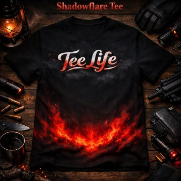 Tee Life Shadowflare Tee - black t-shirt with dramatic rising red and orange flame graphic and Tee Life script
