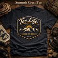 Tee Life Summit Crest Tee - dark navy t-shirt with gold mountain crest badge and Tee Life script