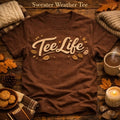 Tee Life Sweater Weather Tee - chocolate brown t-shirt with Tee Life script and autumn leaves graphic
