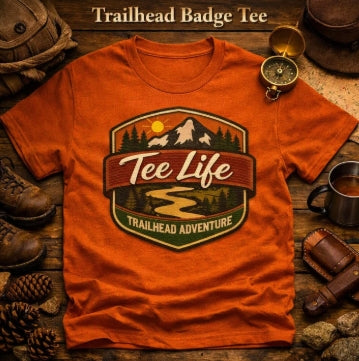 Tee Life Trailhead Badge Tee - orange t-shirt with Trailhead Adventure badge graphic